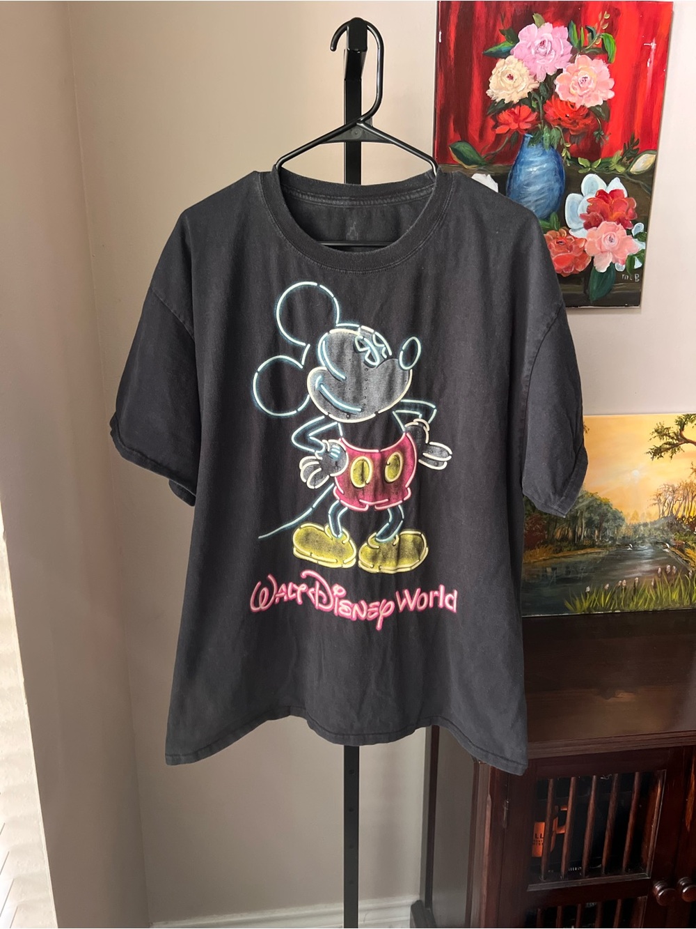 Vintage Walt Disney Black Tee with Neon Mickey Graphic